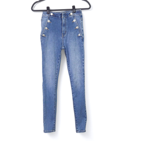 Free People Women’s Jeans 24 Coastal Retro Denim High Rise Sailor Button Front - Picture 1 of 13